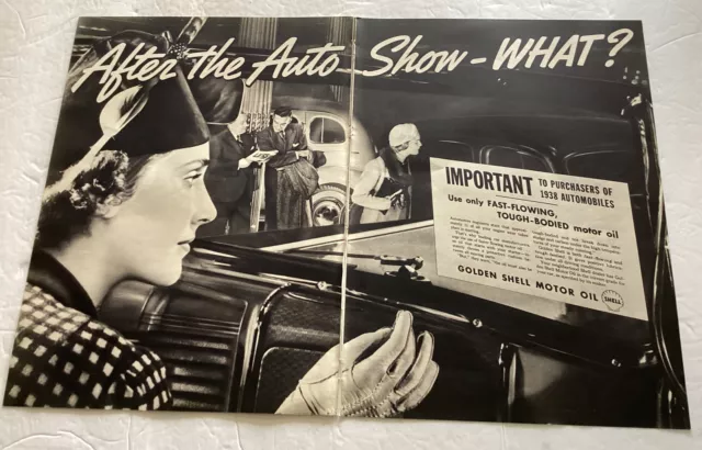 1938 Vintage Print Ad Golden She’ll Motor Oils Company Auto Show 2 Full Pages