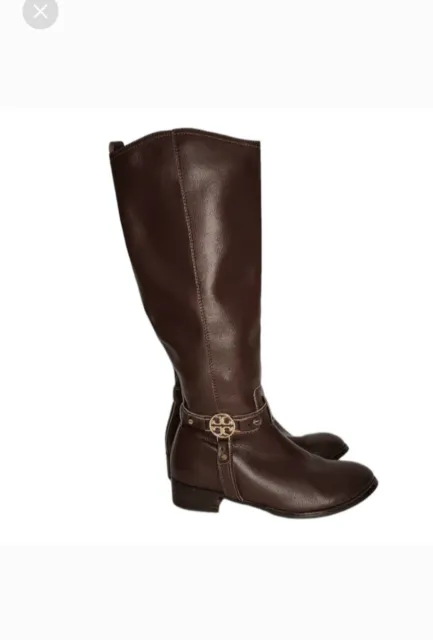 TORY BURCH Women's Brown Leather Riding Gold Logo Tall Boots Size 10 M   40