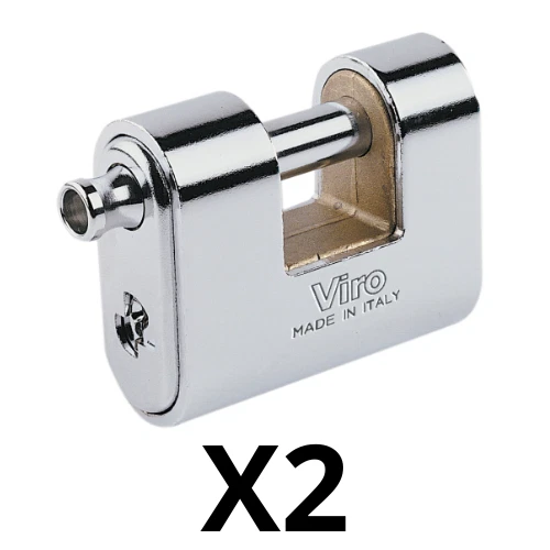 LOT DE 2 CADENAS À CLEFS EN ACIER VIRO 4115 LARGEUR 6,2cm LARGEUR 5,3cm AXE 2cm