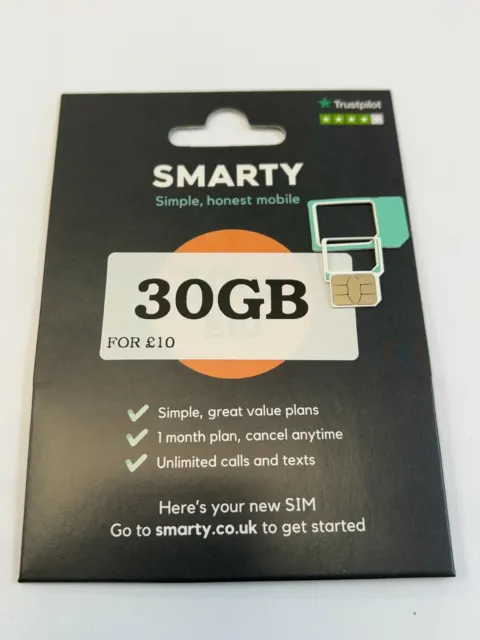 Smarty Mobile UK SIMCARD chiamate e testi illimitati + scheda sim 30 GB/£10 POSTA RAPIDA 3