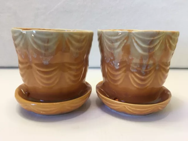 Pair Brush McCoy Pottery Orange Drip Glaze Flower Pots Drape Pattern Marked 328