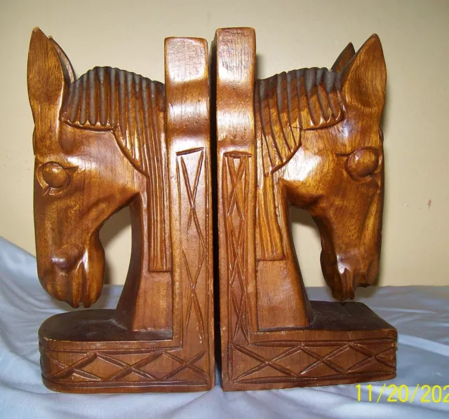 Vintage Wood Hand Carved Horse Head Equestrian 8"  Bookends
