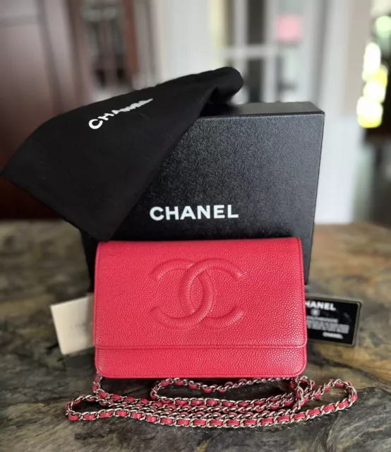 Preowned Authentic Chanel Quilted 2015 Red Caviar Wallet on Chain WOC SHW