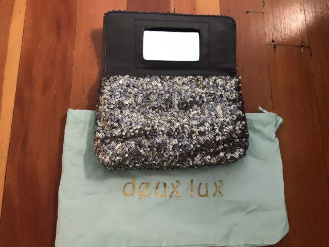 NEW Deux Lux silver sequin Sparkle Mirror clutch purse magnetic dust bag