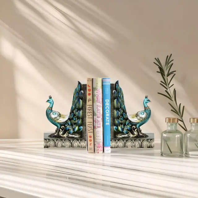 Artistic Peacock Bookends - Handcrafted with High-quality Wood and Resin Set of2