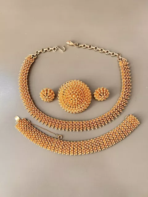 Vintage Signed CORO Parure Jewelry Set, Gold Tone Flower Beaded, Beautiful!