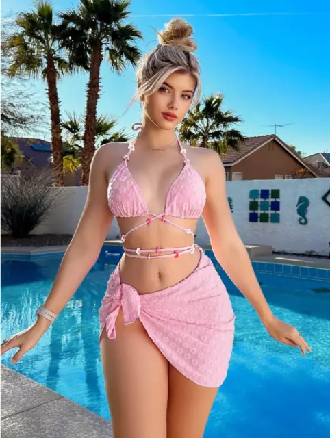 Traje de baño de 3 piezas Conjunto de bikini floral Sujetador y falda de playa