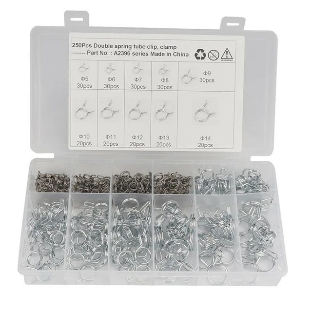 Car Accessories Double Wire Fuel Line Spring Tube Clamp Assortment Φ5-Φ14 250Pcs