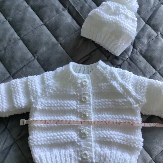 Baby Girls White  Chunky Hand Knitted Cardigan And Hat Set Age 0-3 Months 3