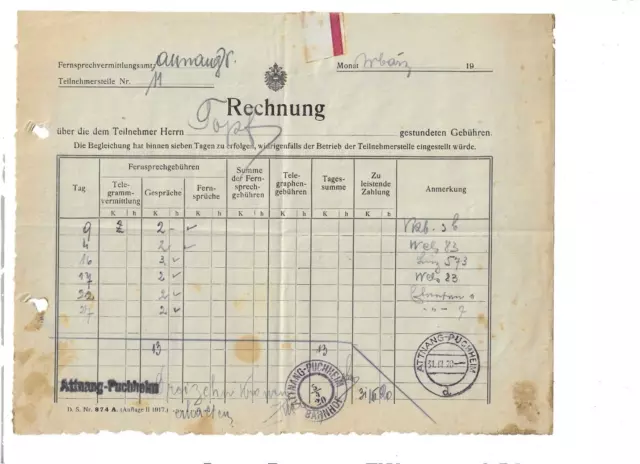 Nr 51769  Rechnung Attnang Puchheim 1920  Telefon Anlage O.Ö.