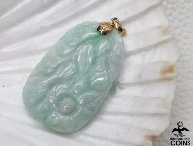 14k Yellow Gold Carved Light Green Jade Floral Pendant