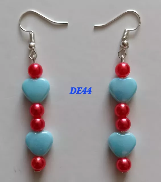 Earrings, Blue Hearts, Red Beads, Stunning, Handmade.DE44