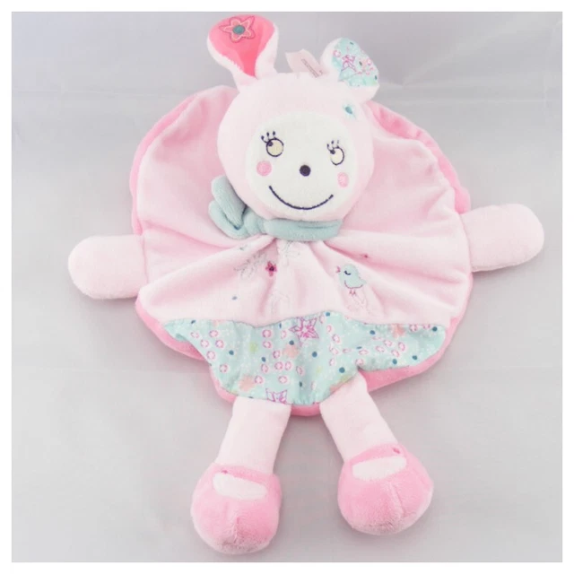 Doudou plat rond  lapin rose bleu fleurs oiseau NICOTOY - 3909