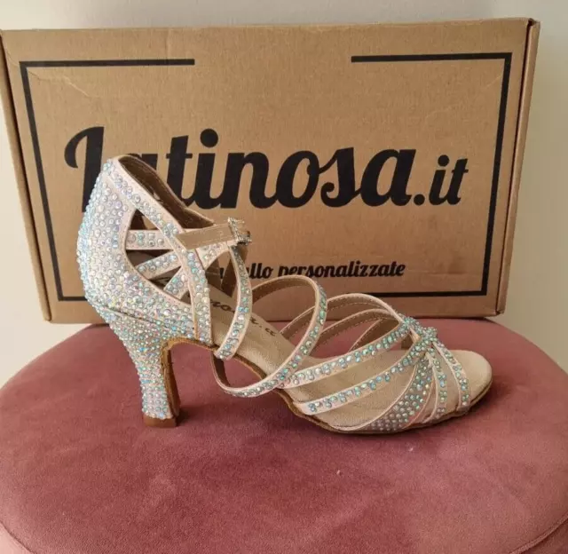 Scarpe da Ballo 37 rosa cipria pelle beige tacco 8 sandali salsa latino strass