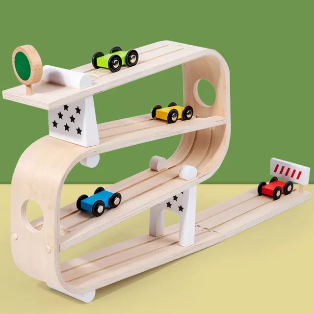 WOODEN CAR RAMP Race Track Rapid Slide Car Kit with 4 Wooden Toy Cars