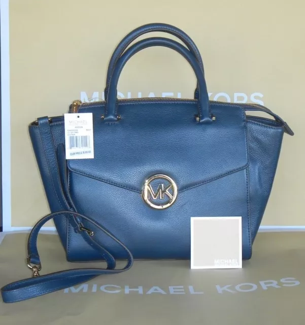 Michael Kors Signature Pebbled Leathe Large NAVY Hudson Satchel Bag NWT $398.00