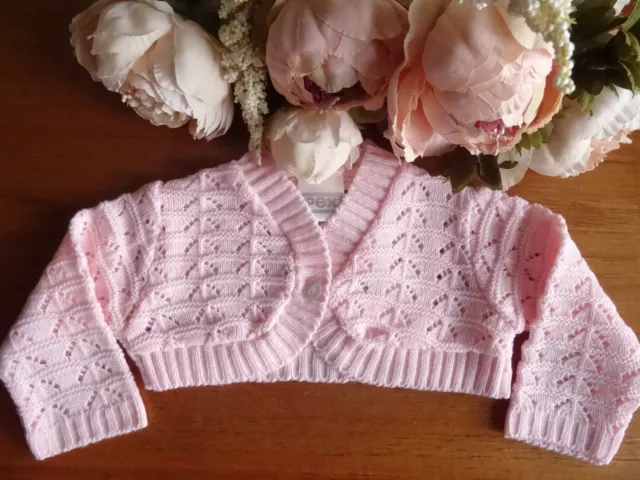 Baby Mädchen Strickjacke rosa gehäkelt Strick Bolero Taufe besonderer Anlass 3 bis 6m