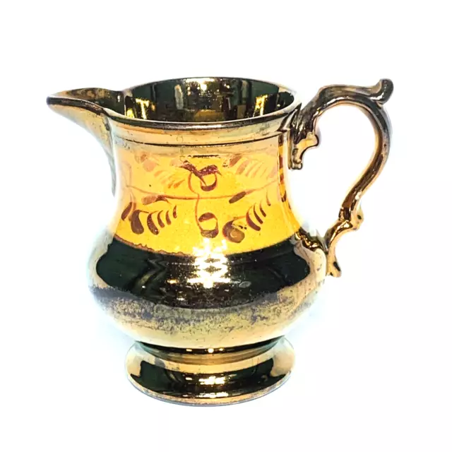 Victorian Pitcher Creamer ANTIQUE COPPER LUSTERWARE Floral Leaves Hand-Painted
