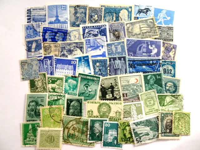 50 Vintage Cancelled Foreign Postage Stamps BLUE & GREEN Combo Art Paper Crafts