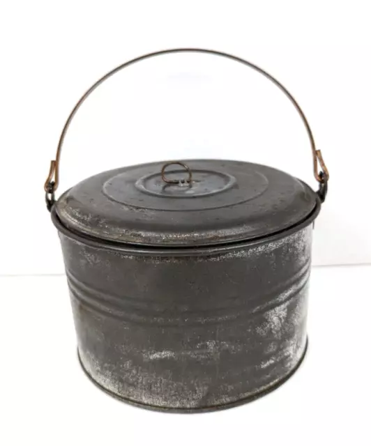 Antique 19th Century Primitive Small Tin Berry Bucket Lunch Pail with Tight Lid