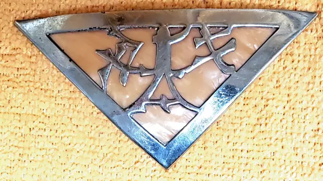 Brooch Pin Celluoid & Stainless Steel Homemade? 3.5" x 2"  Oriental "Bowwed"