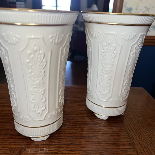 PAIR LENOX Hand Decorated 24K GOLD TRIM Bone China 9" FOOTED Vase Made in USA