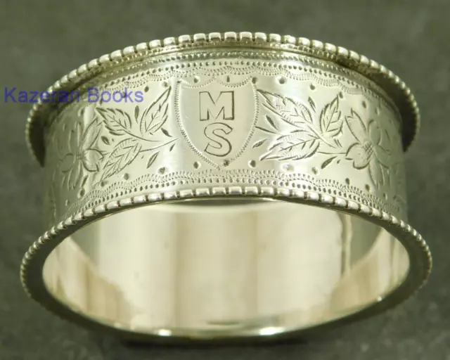 Antique Victorian Sterling Silver Floral Design Beaded Rim Serviette Napkin Ring