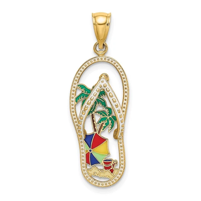 14K Yellow Gold Enamel Palm Tree Beach Scene Flip-Flop Charm