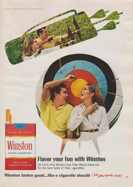 1968 Winston Cigarettes - Archery Couple Bow Arrow Target Shoot - Print Ad Photo