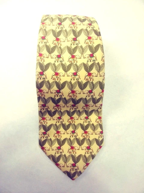 Jim Thompson Mens 100% Silk Tie Yellow Green Leaf with Elephants