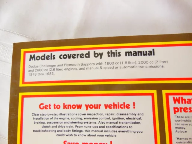 Haynes Manual Dodge Dart Challenger Plymouth Sapporo 1978-1983 All Models 3