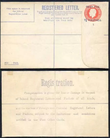 British Levant KGV 7 1/2 Piastres O/P on 5d Orange Registered Letter Mint