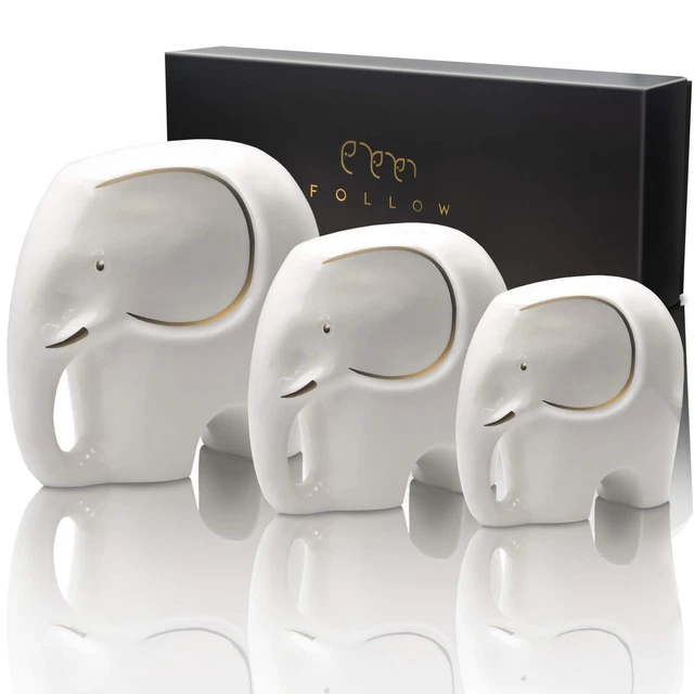 F O L L O W Elephant Statue Home Decor &#8211; Set of 3 Ceramic Elephant Figurin