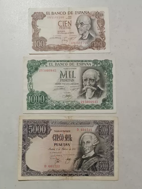 Lote De 3 Billetes De 100, 1000 Y 5000 Pesetas. 1970, 1971 Y 1976