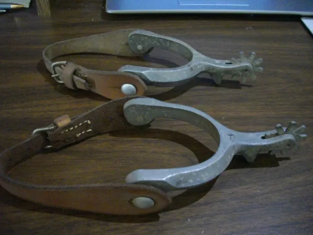 Vintage Pair Western Cowboy Metal & Leather Spurs 9 Point