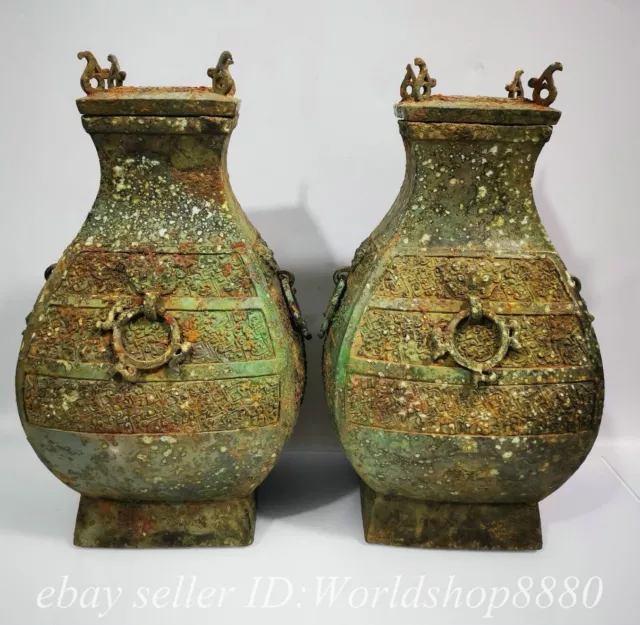 12.8" Old Chinese Bronze Ware Shang Dynasty Drinking vessel Bottle Statue Pair