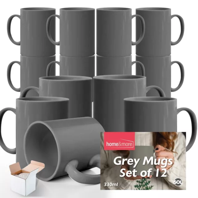12-36 Set of GREY Mugs 330ml Large Stoneware Ceramic Coffee Tea Cup Bulk + Boxes