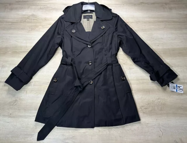 NWT London Fog Womens Coat Black PXL Single-Breasted Hooded Trench