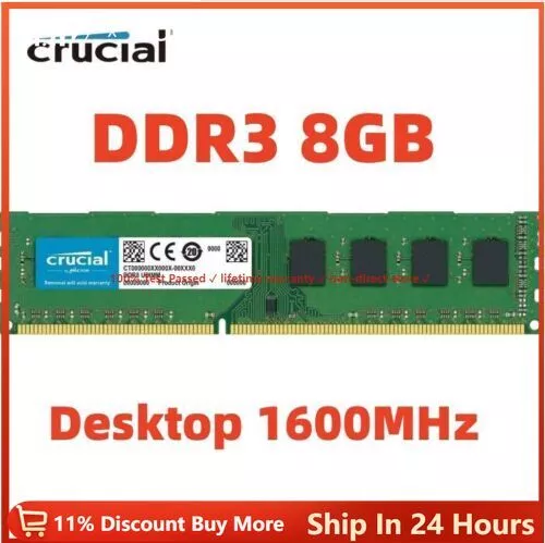 CRUCIAL DDR3 8GB 1600 MHz PC3-12800 Desktop Memory RAM Non ECC 240Pin DIMM 8GB