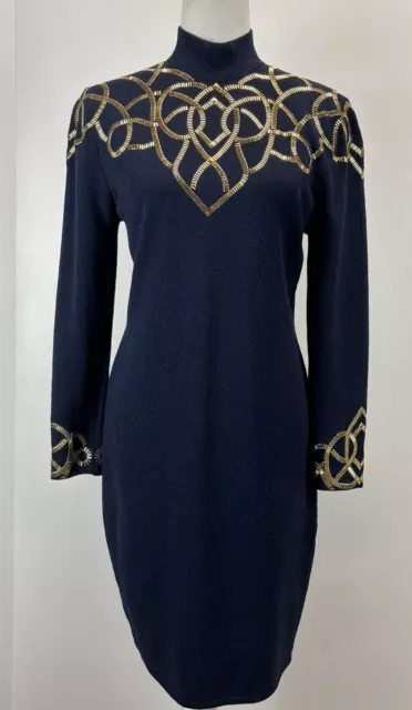 Vtg St. John Collection Marie Gray Knit Dress 4 Navy Gold Studded HTF RARE 80’s