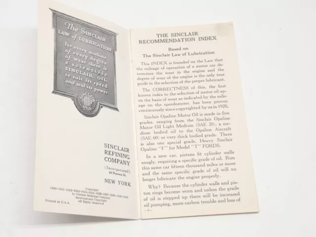 Sinclair Opaline Motor Oil 1930 Index Informative Advertising Booklet 2