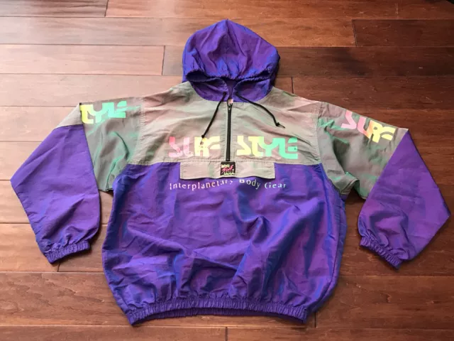 Vintage Surf Style Adult Purple Iridescent Windbreaker Hooded 90's Jacket O/S