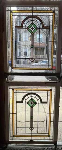 Pair of Antique Chicago Bungalow Stained Leaded Glass Window Circa 1920 34x26