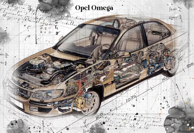 Line Tech Drawing   Opel Omega     Auto Car Classic Cutaway Art Poster Print