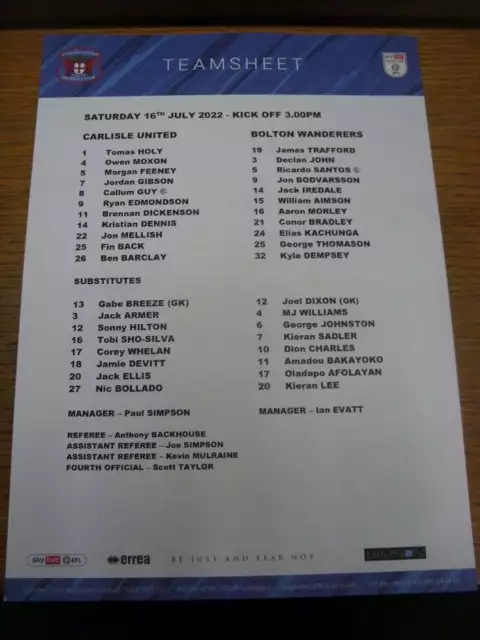 16/07/2022 Colour Teamsheet: Carlisle United v Bolton Wanderers [Friendly] (fold