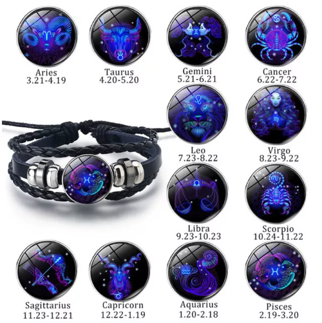 12 Constellation Bracelet for Men Women Zodiac Multilayer Leather Jewelry Gift