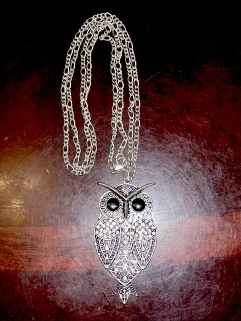 Vintage OWL Pendant Onyx & Rhinestones Silver Tone Chain Necklace 34”