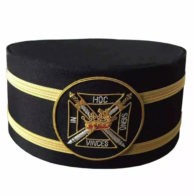 MASONIC KNIGHTS TEMPLAR BLACK CAP WITH GOLD BRAID, KNIGHT TEMPLAR CAP with CASE