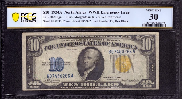 1934 A $10 Silver Certificate Note North Africa Fr.2309 Lfp86 Pcgs B Vf 30
