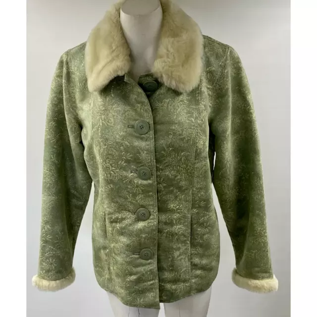 Denim & Co. Womens Jacket Green Floral Pockets Faux Fur Trim Button Front Sz M